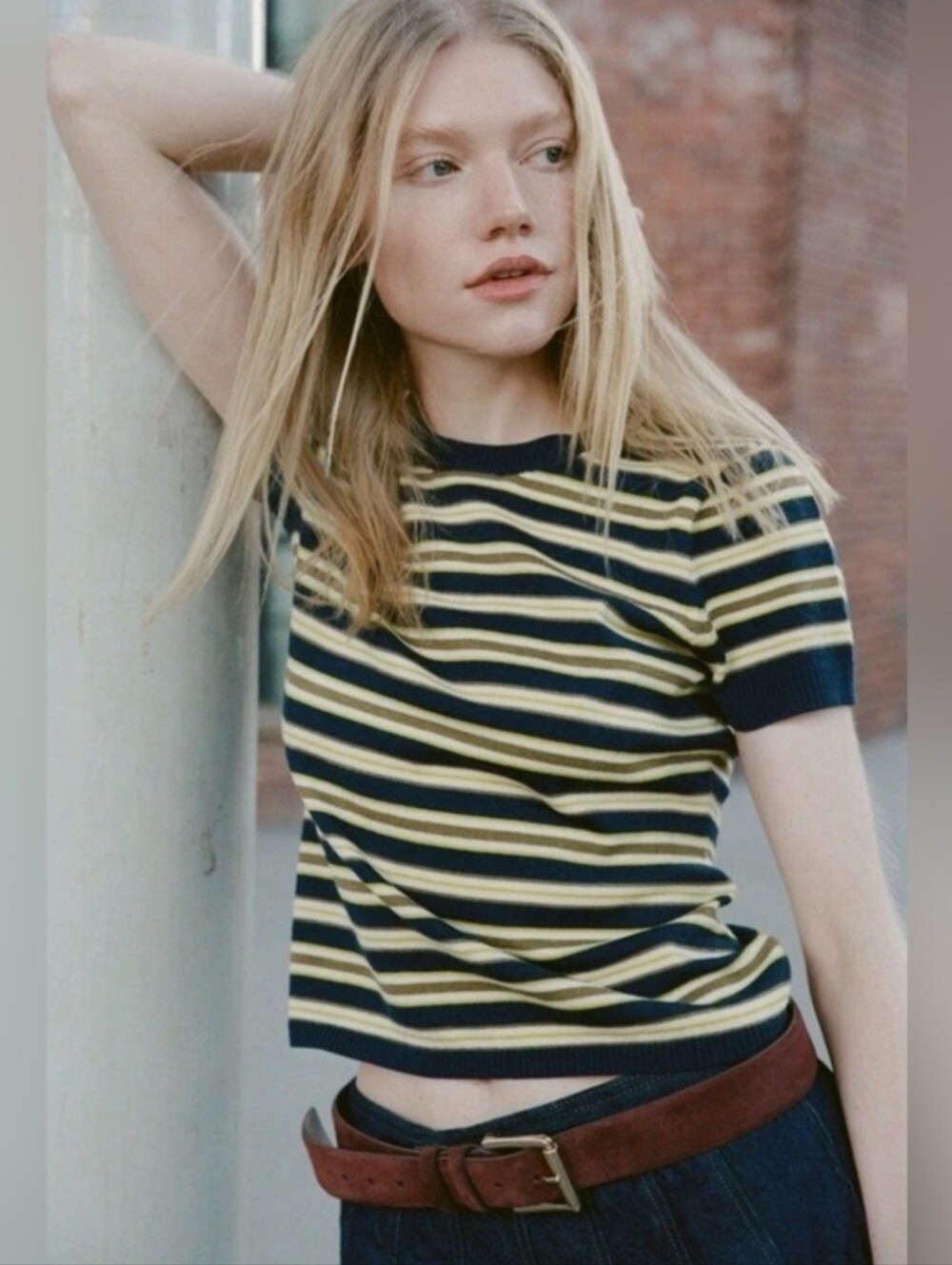J. Crew Carolyn Sweater Tee Striped Merino Wool Navy Blue Yellow Crew Neck Small